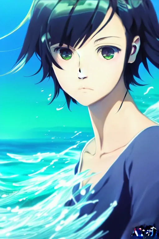 Image similar to makoto shinkai, artgerm, ilya kuvshinov, beautiful anime women with green dress, long blue hair, water powers water swirling, symmetrical face, symmetrical eyes, detailed, beach setting, cinematic lighting