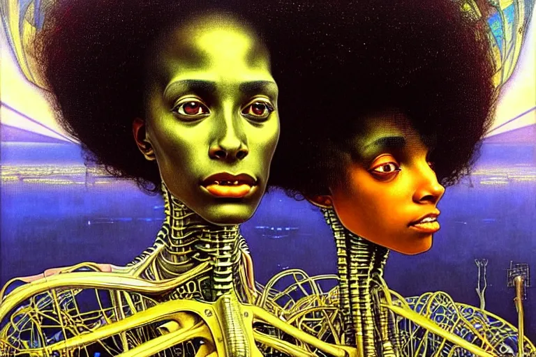 Image similar to realistic extremely detailed closeup portrait painting of a beautiful black woman in a dress with supercomputer robot, dystopian city on background by Jean Delville, Amano, Yves Tanguy, Ilya Repin, Alphonse Mucha, Ernst Haeckel, Edward Hopper, Edward Robert Hughes, Roger Dean, heavy metal, rich moody colours