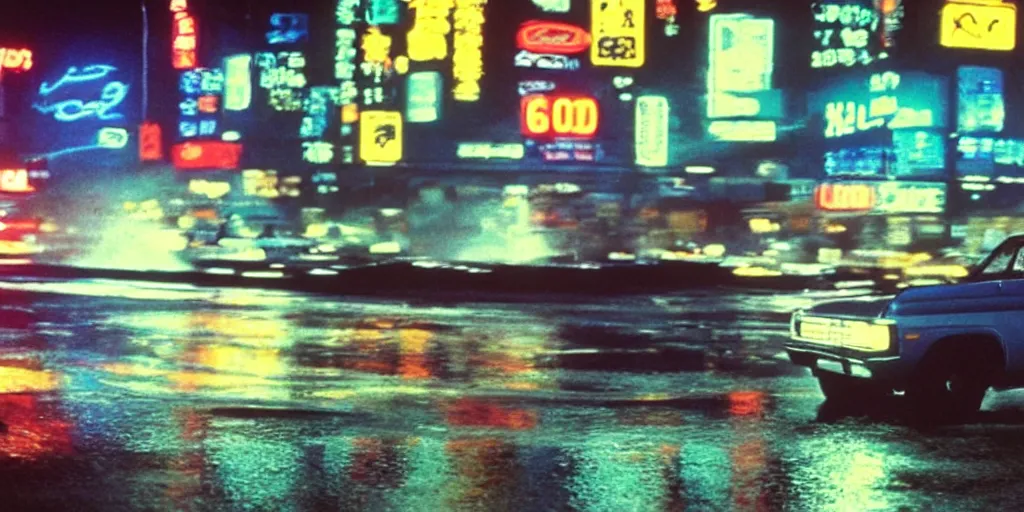 Prompt: a single ford bronco, speeding down tokyo highway in the rain, night time, neon lights, thunderstorm, movie still from the film bladerunner