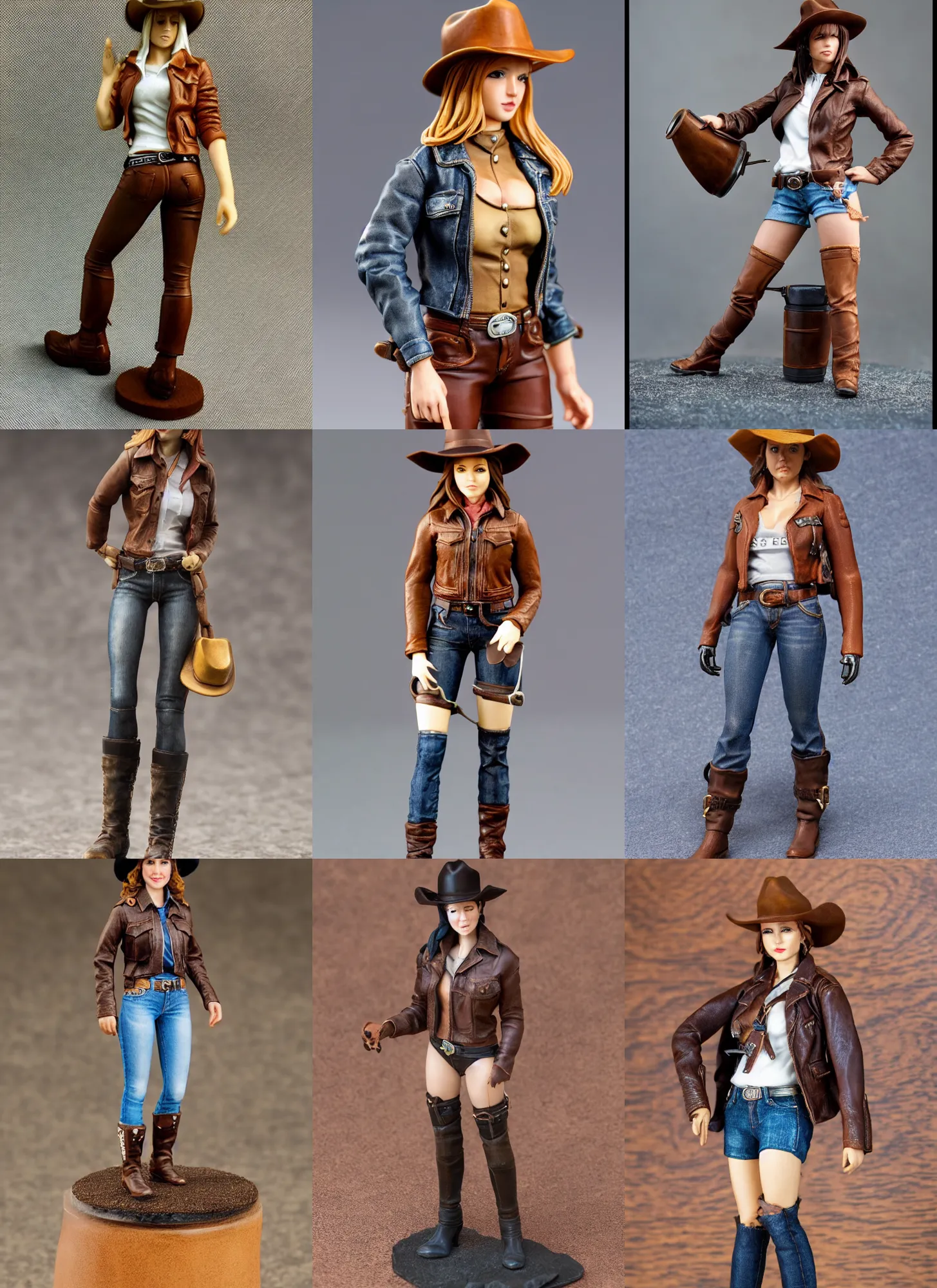 Prompt: 80mm resin detailed miniature of a cow girl, Short brown leather jacket, denim hot-pants, ten-gallon hat, on textured base; Product Introduction Photos, 4K, Full body