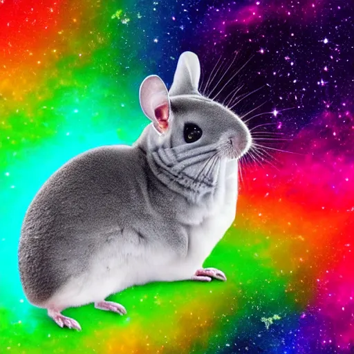 Image similar to chinchilla with mean look in space with galaxy in background, rainbow jellybeans under chinchilla's tail