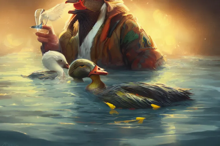 Image similar to duck drinks energy napiokmonstr energy, concept art, wlop, digital painting, trending on artstation, highly detailed, epic composition, official media, 8 k uhd