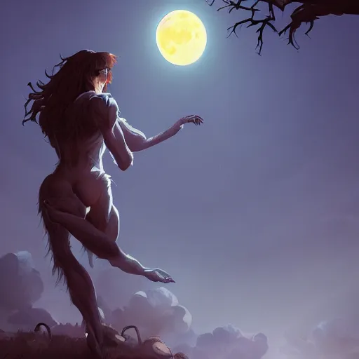 Image similar to a werewolf turning back into a human as the full moon dips behind clouds, ancient graveyard, ambient lighting, 4 k, frank frazetta, lois van baarle, ilya kuvshinov, rossdraws, erol otus, artstation