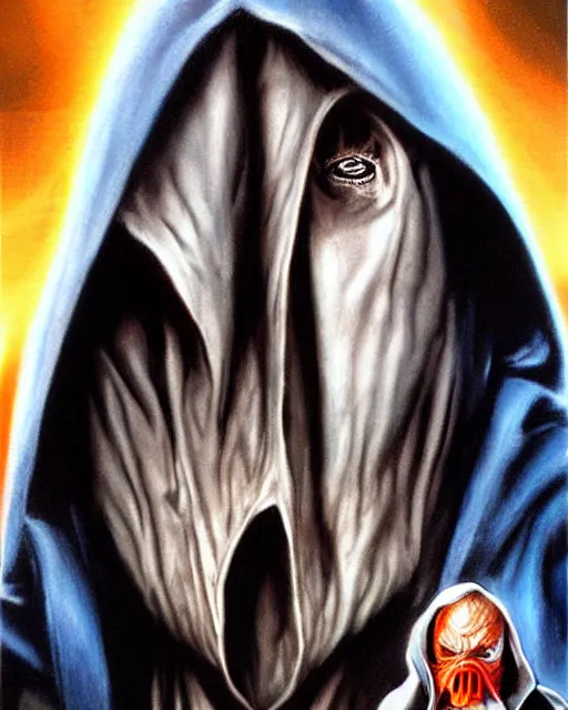 Image similar to hooded evil sith lord, airbrush, drew struzan illustration art, key art, movie poster