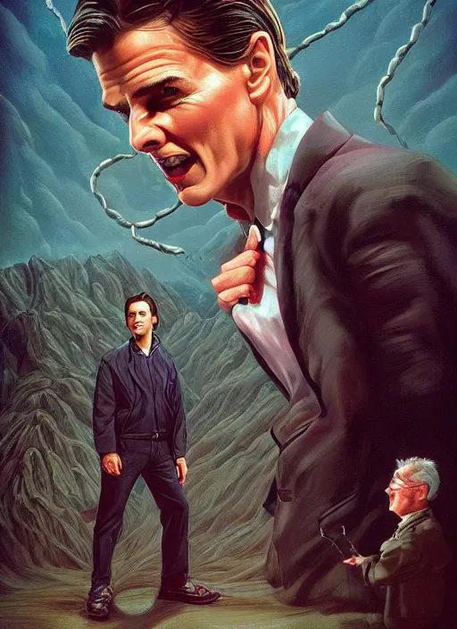 Prompt: small innocent tom cruise, evil beings pull the strings into his mind, they reach into his mind, twin peaks poster art, from scene from twin peaks, by michael whelan, artgerm, retro, nostalgic, old fashioned