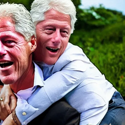 Prompt: bill clinton laughing hysterically while piggyback riding jeffrey epstein on an island, hyper realistic