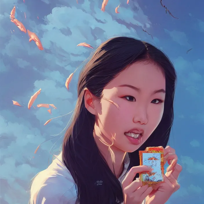 Image similar to asian girl eating a ritz cracker by artgerm, tooth wu, dan mumford, beeple, wlop, rossdraws, james jean, marc simonetti, artstation giuseppe dangelico pino and michael garmash and rob rey and greg manchess and huang guangjian and makoto shinkai