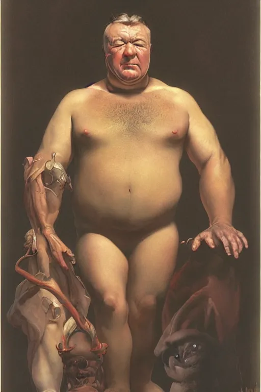 Prompt: upper body portrait of clean-shaven ray winstone as a toad hybrid high priest by norman rockwell and boris vallejo