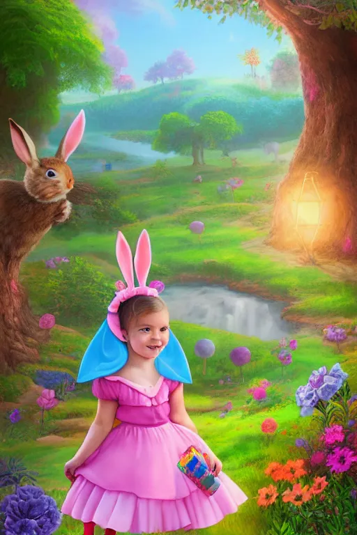 Prompt: matte sharp painting cute little girl dressed as alice and cute rabbit landscape painted by mark rydel and lisa frank, artstation behance storybook