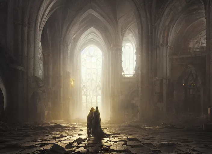 Image similar to ruined world praying people tears letters fly around, volumetric lighting, digital painting, highly detailed, artstation, sharp focus, illustration, concept art, ruan jia, steve mccurry, amazing composition, gothic arch frame