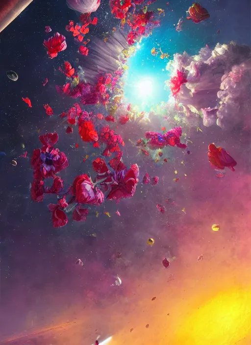 Image similar to An epic fantastic realism comic book style painting of the most beautiful flowers launched into space, bouquets, glorious galactic collision, sharp focus, fisheye, unreal 5, DAZ, hyperrealistic, octane render, dynamic lighting