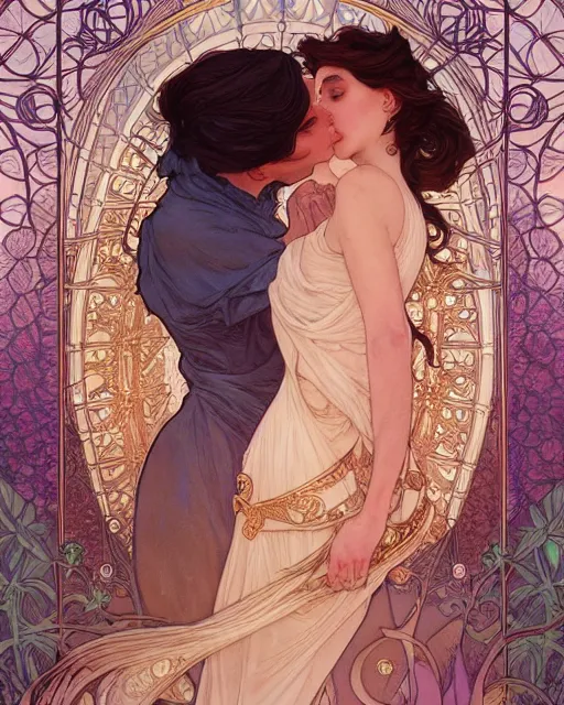 Image similar to the kiss | highly detailed | very intricate | art nouveau | gold filigree | romantic storybook fantasy | soft cinematic lighting | award - winning | disney watercolor illustration by mandy jurgens and alphonse mucha and alena aenami | pastel color palette | featured on artstation