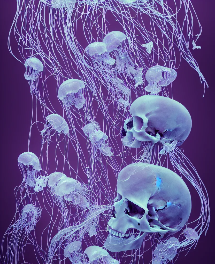 Image similar to composition of human skulls, animals skulls, bones, rib-cage. jellyfish orchids and betta fish, bioluminiscent, intricate artwork by Tooth Wu and wlop and beeple. octane render, trending on artstation, greg rutkowski very coherent symmetrical artwork. cinematic, hyper realism, high detail, octane render, 8k