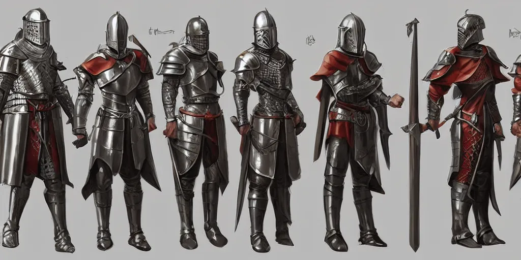 Prompt: different views of medieval knights, concept art by senior character artist, trending on artstation, full body character design, hyperdetailed render