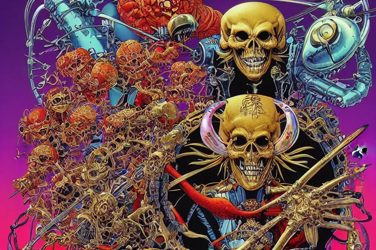 Prompt: poster of crazy roborts skeletor, by yoichi hatakenaka, masamune shirow, josan gonzales and dan mumford, ayami kojima, takato yamamoto, barclay shaw, karol bak, yukito kishiro