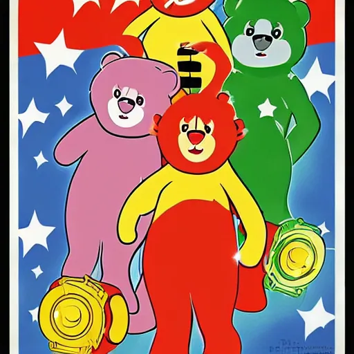 Image similar to the care bears as a military junta soviet propaganda poster