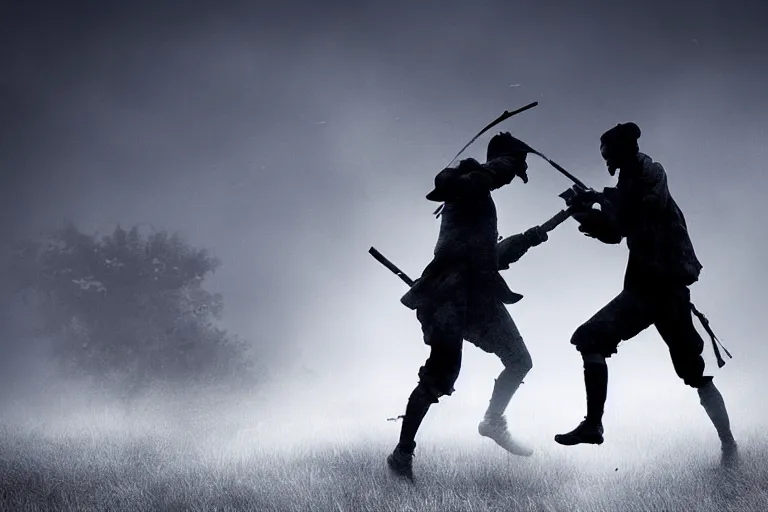 Prompt: two silhouettes fighting each other on foggy moody battlefield, photorealistic, bokeh, by greg rutkowski