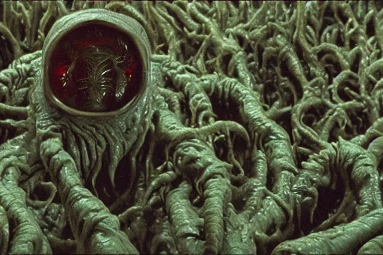 Prompt: scary filmic wide shot angle movie still 35mm film color photograph of a shape shifting horrific nightmarish abstract alien organism from The Thing 1982 with grotesque distorted multiple human faces spewing toxic liquid from an alien plant made out of flesh, in the style of a 4k hd nature documentary