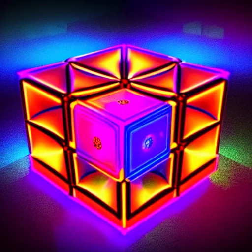 Image similar to a steampunk cube inside a hypercube consisting of fractals shiny luminescence neocube nanostructure neon colorful detalized lines, background mirror lake in magical colorful fog, octane render, hyper realistic, ultra realistic