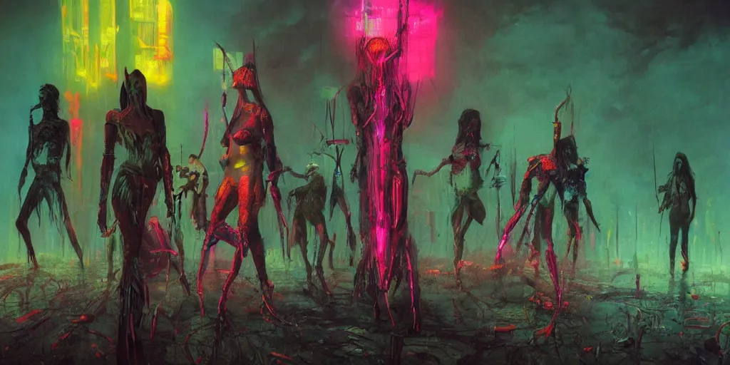 Prompt: witches and indigenous women warriors and androids saving the country from lovecraftian aliens, neon colors, concept art, cyberpunk, high quality, photorealistic, 4 k, by zdzislaw beksinski