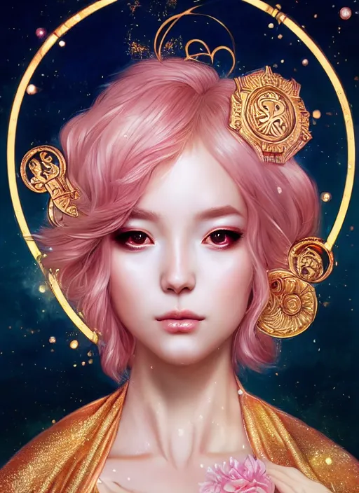 Image similar to dreamlike luxury stunning zodiac aquarius god portrait, pale pink and gold kimono, art by artgerm, wlop, loish, ilya kuvshinov, 8 k realistic, hyperdetailed, beautiful lighting, detailed background, depth of field, symmetrical face, frostbite 3 engine, cryengine,