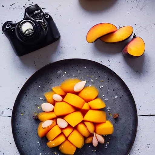 Image similar to beautiful photo a fairy made of peaches, mangoes and sprinkles, on a white plate, dslr