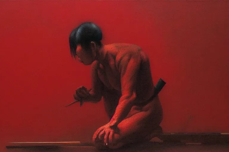 Image similar to only with red, a red samurai do seppuku, tokio, a lot of frogs watch, in the style of beksinski, parts by edward hopper, parts by rodcenko, parts by yue minjun, intricate and epic composition, red by caravaggio, insanely quality, highly detailed, masterpiece, red light, artstation, 4 k