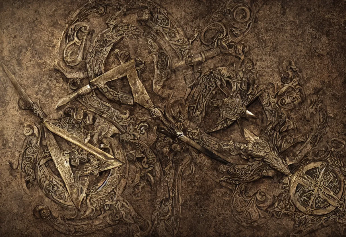 Prompt: one occult pagan slavic ritual blade, mystical glagolitic manuscripts and ancient slavic symbols in background, hyperrealism, realistic, octane render, highly detailed, full colour scale