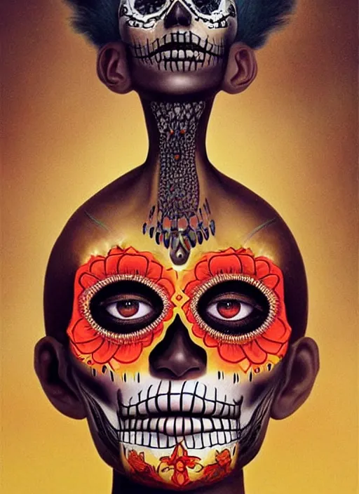 Image similar to dia de los muertos theme surrealist art in the styles of igor morski, jim warren, and aida muluneh, intricate, hyperrealistic, accurate facial details, profile picture with chromakey!!!!! background, volumetric lighting