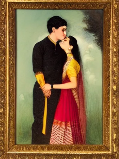 Prompt: water color painting, artwork by raja ravi varma, of a solo individual portrait of a guy and a girl kissing, dapper, simple illustration, nostalgic, in love, full of details