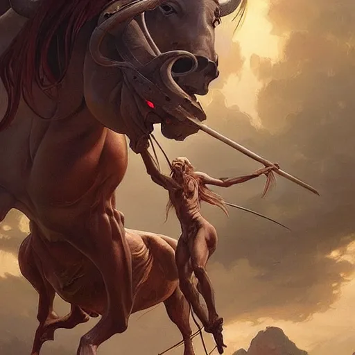 Prompt: a 40 foot tall centaur with a bull's head, nightmare fuel, highly detailed, digital painting, artstation, concept art, sharp focus, illustration, cinematic lighting, art by artgerm and greg rutkowski and alphonse mucha