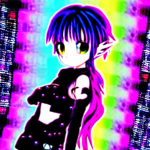 Prompt: emo moe anime girl, scene, rainbowcore, vhs monster high, glitchcore witchcore, checkered spiked hair, witchcore clothes, pixiv detailed maximalist maximalism, a hacker hologram by penny patricia poppycock, pixabay contest winner, holography, irridescent, photoillustration, maximalist vaporwave