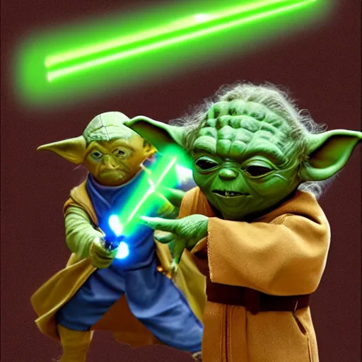 Image similar to yoda teaching grogu how to fight with a lightsaber, 8 k, trending on artstation