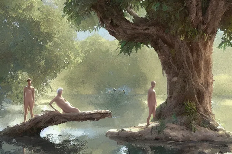 Image similar to adam and eve next to a tree and a lake, digital painting by craig mullins, by mattias adolfsson,