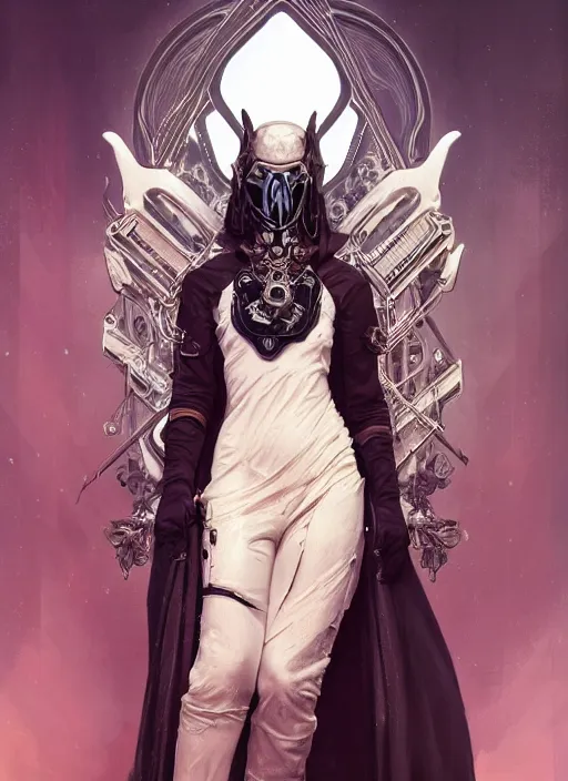 Prompt: a cyborg empress with mask, black leather garment with art nouveau ivory accessories, cyberpunk, darksynth, luxury, concept art by jama jurabaev, extremely detailed, ominous, ethereal, artstation, andree wallin, edvige faini, balaskas, alphonse mucha, symmetry