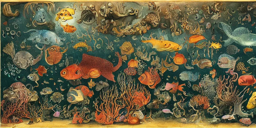 Prompt: exotic deep sea animal aquarium in the style of heironymus bosch, colorful intricate masterpiece, hyper detailed, hd