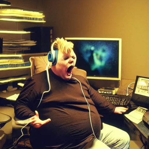 Image similar to obese David Bowie wearing a headset yelling at his monitor while playing WoW highly detailed wide angle lens 10:9 aspect ration award winning photography by David Lynch esoteric erasure head