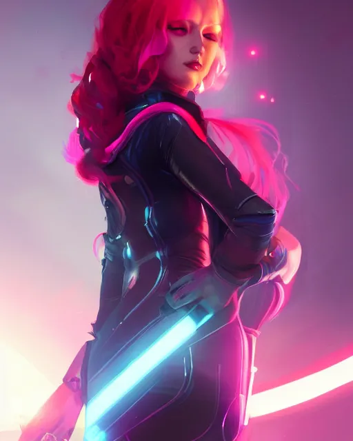 Prompt: Portrait of a futuristic rogue by Charlie Bowater, latex dress, gothic, short red hair, blue and pink rim lights, backlit, action pose, volumetric lighting, 8K, cyberpunk city backdrop, Artstation