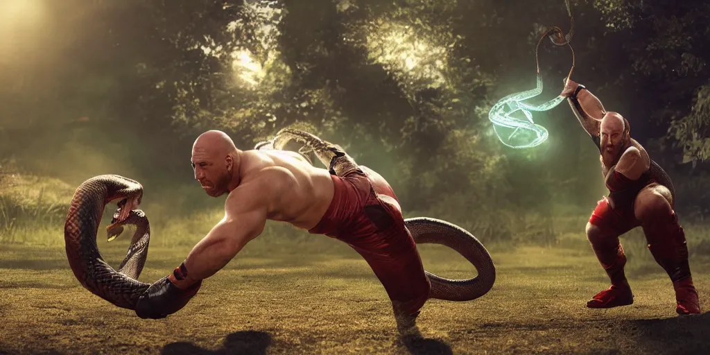 Prompt: Ryback wrestling a snake outdoors, photorealistic, hyperrealistic, ultra hd, cinematic lighting, artstation, award-winning, 4k, leica sl2 30mm, beautiful color, high quality, high textured, lens flare