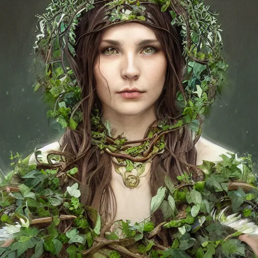 Prompt: a woman druid wearing leaf and vine themed clothing, fully clothed, pet animal, D&D, fantasy, intricate, cinematic lighting, highly detailed, digital painting, artstation, concept art, smooth, sharp focus, illustration, art by Artgerm and Greg Rutkowski and Alphonse Mucha, subject in the middle of the frame