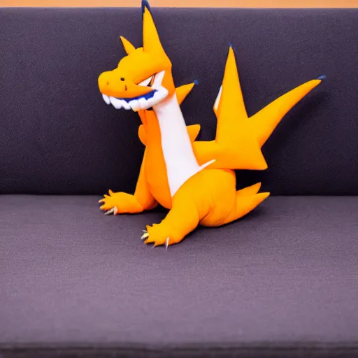 Prompt: colorful charizard fluffy plushy toy on the side of a couch, close up dslr photo