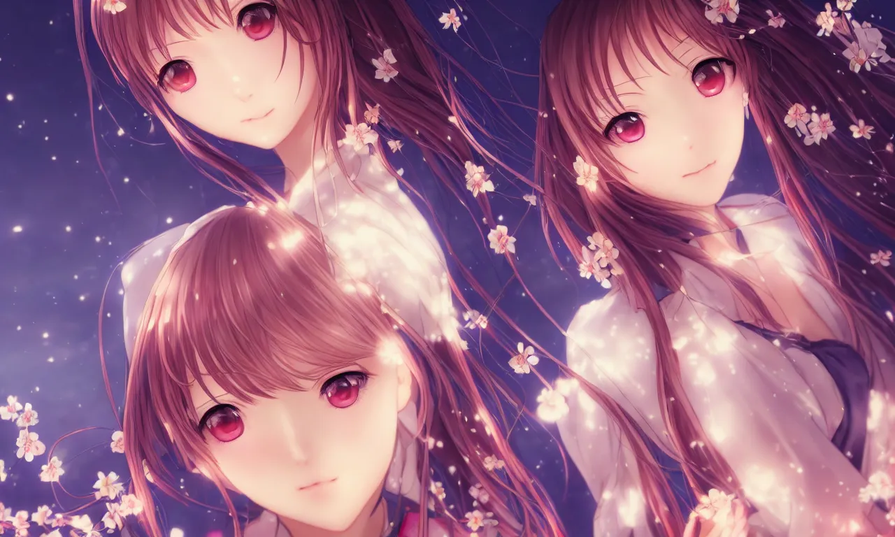 Image similar to portrait three beautiful anime girls wear coctail kimono closeup macro | | sunny night, full moon, dreamlike art, realistic shaded, smile, good looking, hyper details, 4 k realistic, cryengine, realistic shaded lighting poster by artgerm, ross tran, fuji choko, 8 k resolution, trending on artstation, luxury