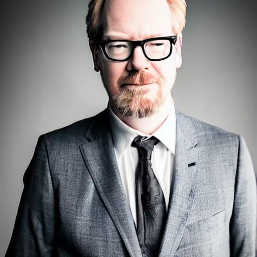 Prompt: adam savage in a fancy suit by a upscale party photoshoot