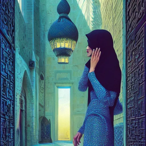 Image similar to detailed face of an arabic woman, opulent courtyard, moment, tectonic sky, skydome, reactor, utopian, tech noir, wet reflections, prism, atmospheric, ambient, pj crook, syd mead, livia prima, artgerm, greg rutkowski, nick alm, casey baugh