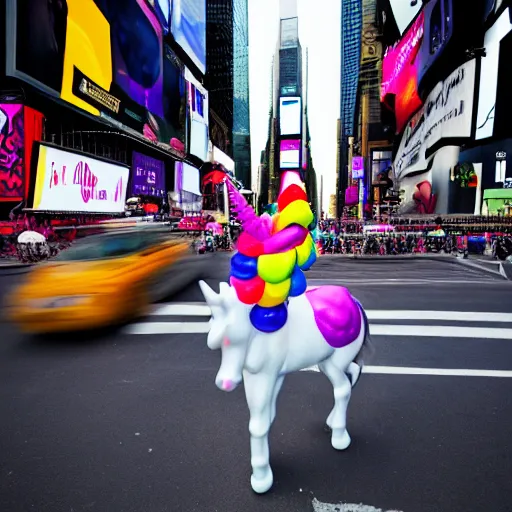 Prompt: Unicorn on Times Square, EOS-1D, f/1.4, ISO 200, 1/160s, 8K, RAW, unedited, symmetrical balance, in-frame