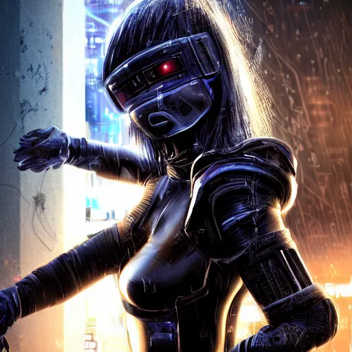 Image similar to An epic fantastic ultrarealism comic book style portrait painting of a female cyberpunk armor ninja, no face mask, tzuyu from twice, ultradetailed face by WLOP, blue and ice silver color armor, cyberpunk feel raining at tokyo rooftop, Concept world Art, unreal 5, DAZ, 8k, hyperrealistic, octane render, cosplay, RPG portrait, final fantasy artwork concept, dramatic lighting, rim lights