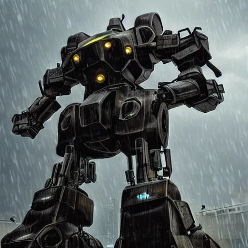 Prompt: giant metal cybertronic mecha in the rain, atmospheric, highly detailed