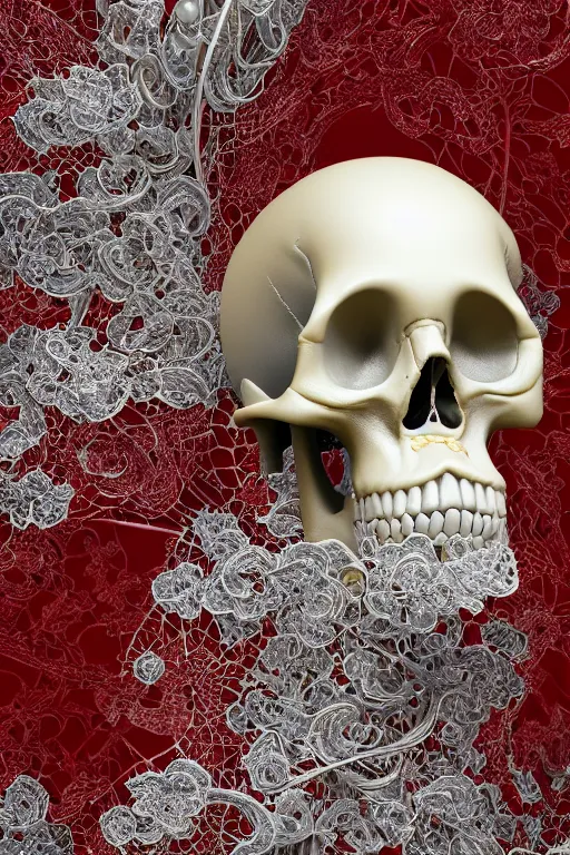 Prompt: complex 3d render ult ra detailed of a porcelain skull and serpent spine, 150 mm, accent lighting, beautiful studio soft light, rim light, silver gold red details, luxurious, big filigran ultra detailed leaves and stems, Alexander Mcqueen, haute couture, fine foliage lace, mesh wire, filigran intricate details, hyper realistic, mandelbrot fractal, anatomical, silver metal armor, facial muscles, cable wires, microchip, elegant, white background, beautiful white teeth, beautiful lips, octane render, H.R. Giger style, 8k