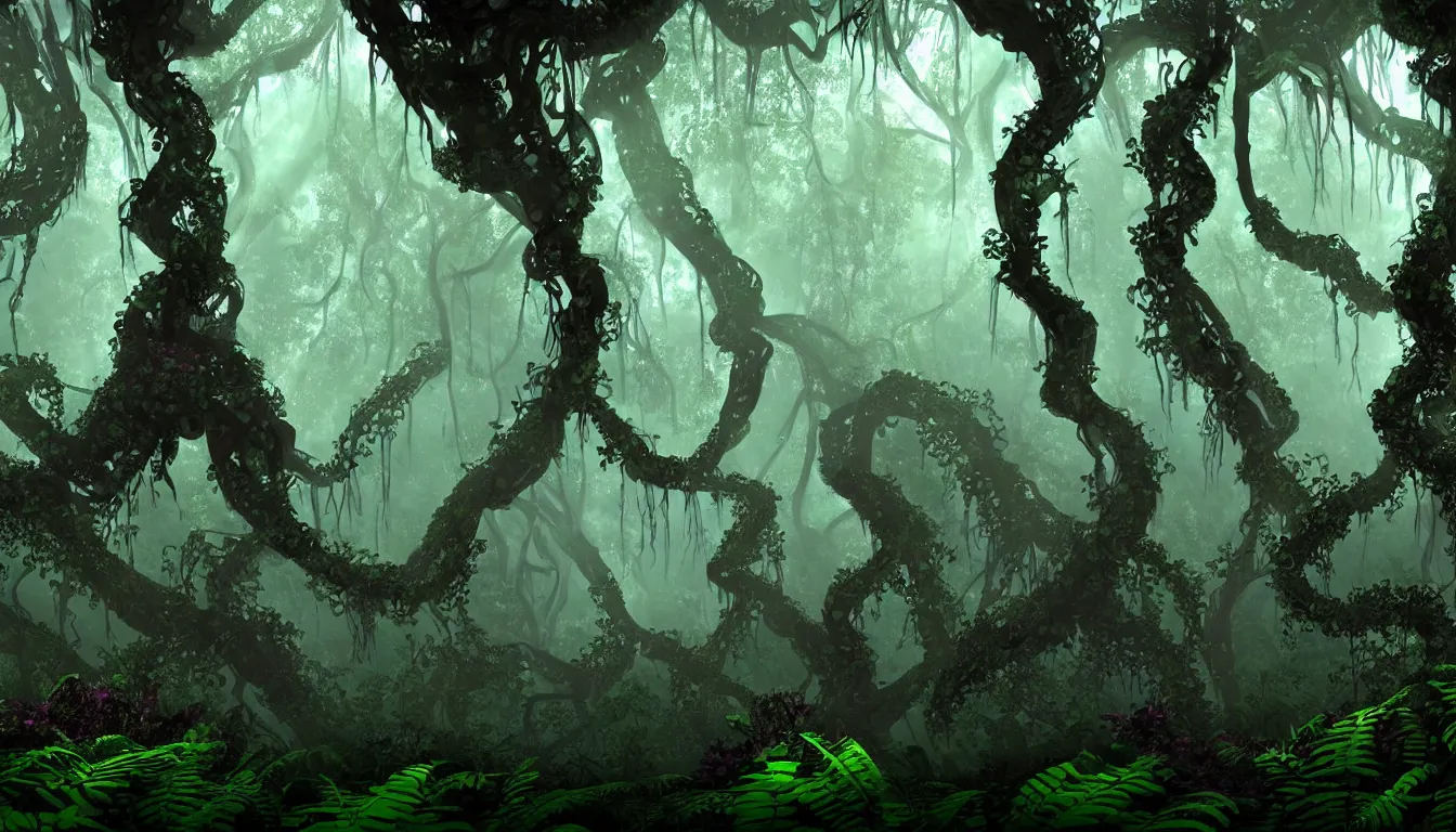 Prompt: eerie and dark deep mayan jungle forest realm biodiversity , side-scrolling 2d platformer game level, swirling clouds of magical fog through the trees, web of vines, ancient temple gigantic statue guardians in ruins in the background between the tree trunks, dramatic dusk sun illuminates areas, volumetric light , detailed entangled roots carpet the forest floor, rich color, upscale , 8k