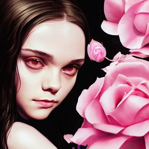 Image similar to black snake moan, pink petals with a a bored hailee steinfeld and christina ricci mixed with mona lisa, intricate, elegant, highly detailed, wonderful eyes, sweet, digital painting, artstation, concept art, smooth, sharp focus, illustration, art by artgerm and greg rutkowski and concept art, rectilinear vaporwave